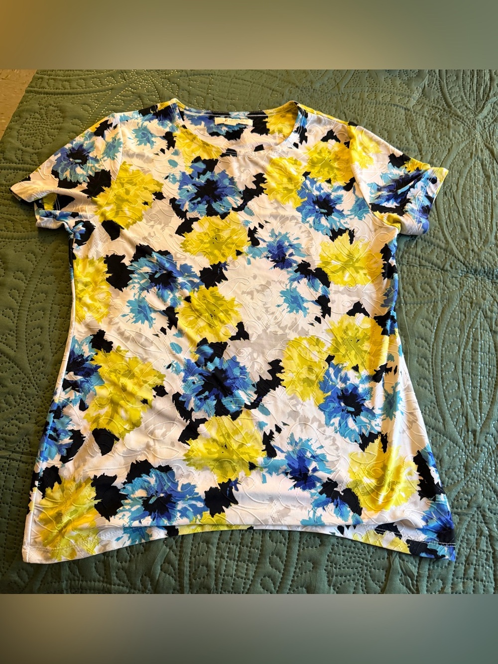 JM Collection White Short-Sleeve Top with Blue, Yellow & Black Floral Pattern